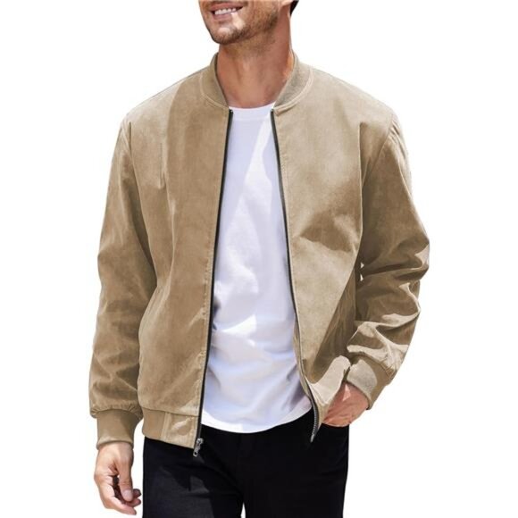 Men's Casual Varsity Jacket Vintage Lightweight Suede Bomber Jackets